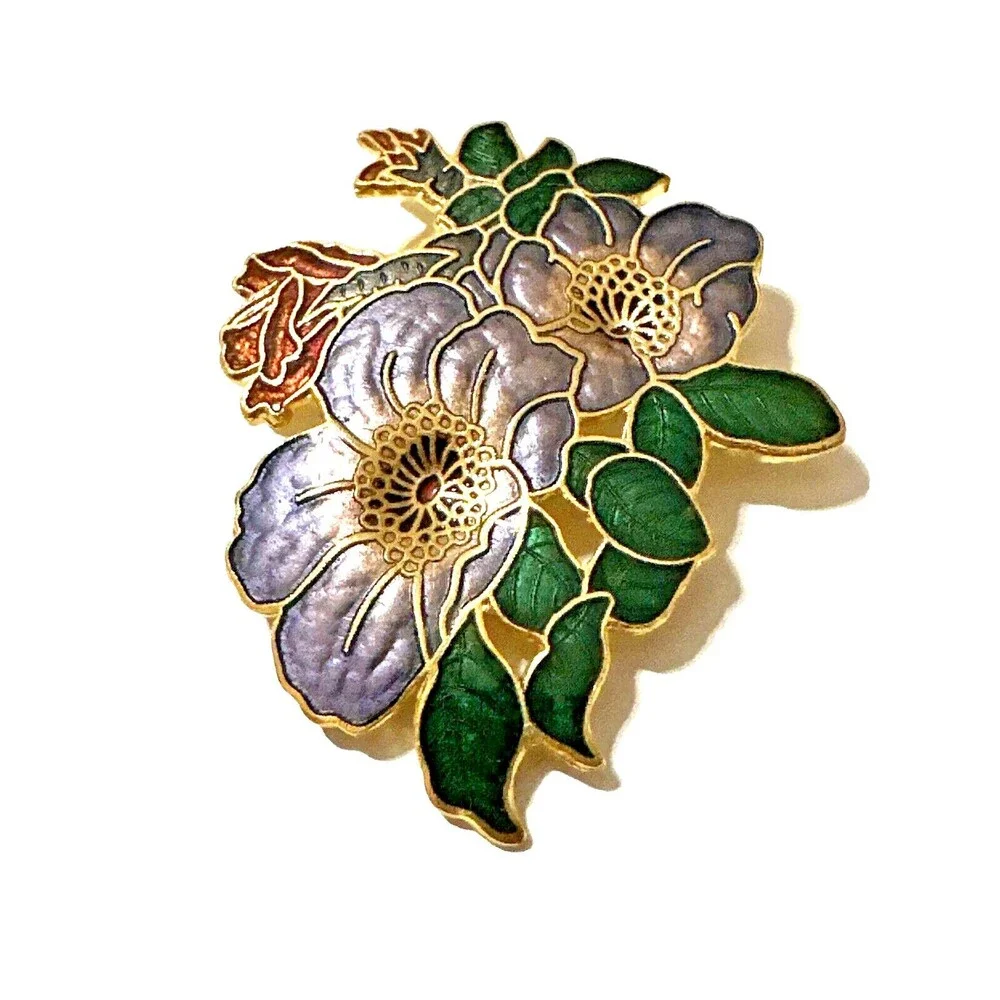 Vintage Cloisonne Enamel Brooch Ornate Floral Gold Tone Pin 1980s Retro 2.25
